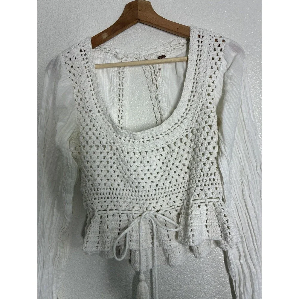 Free People Megan Crochet Top Womens Small White Cropped Bell Sleeve Boho Top